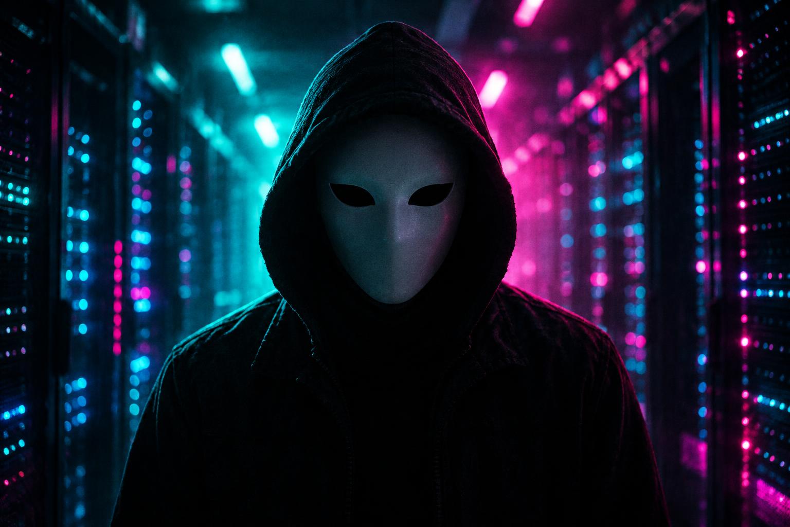 A masked figure in a dark server corridor