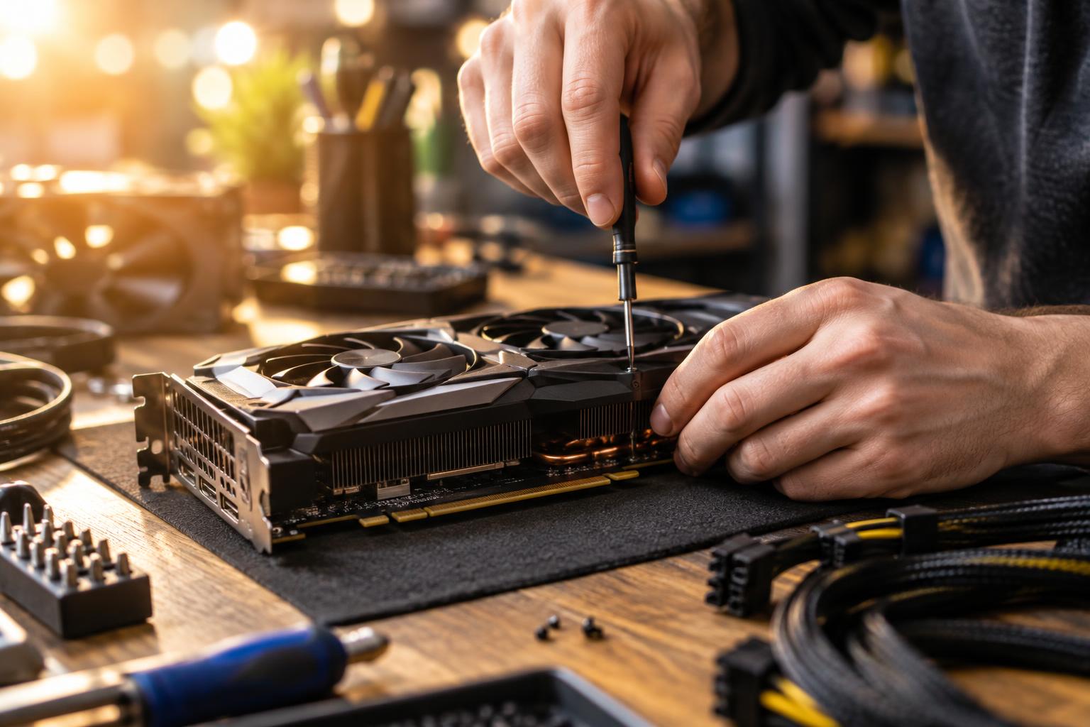 Hands assembling computer hardware on a bench