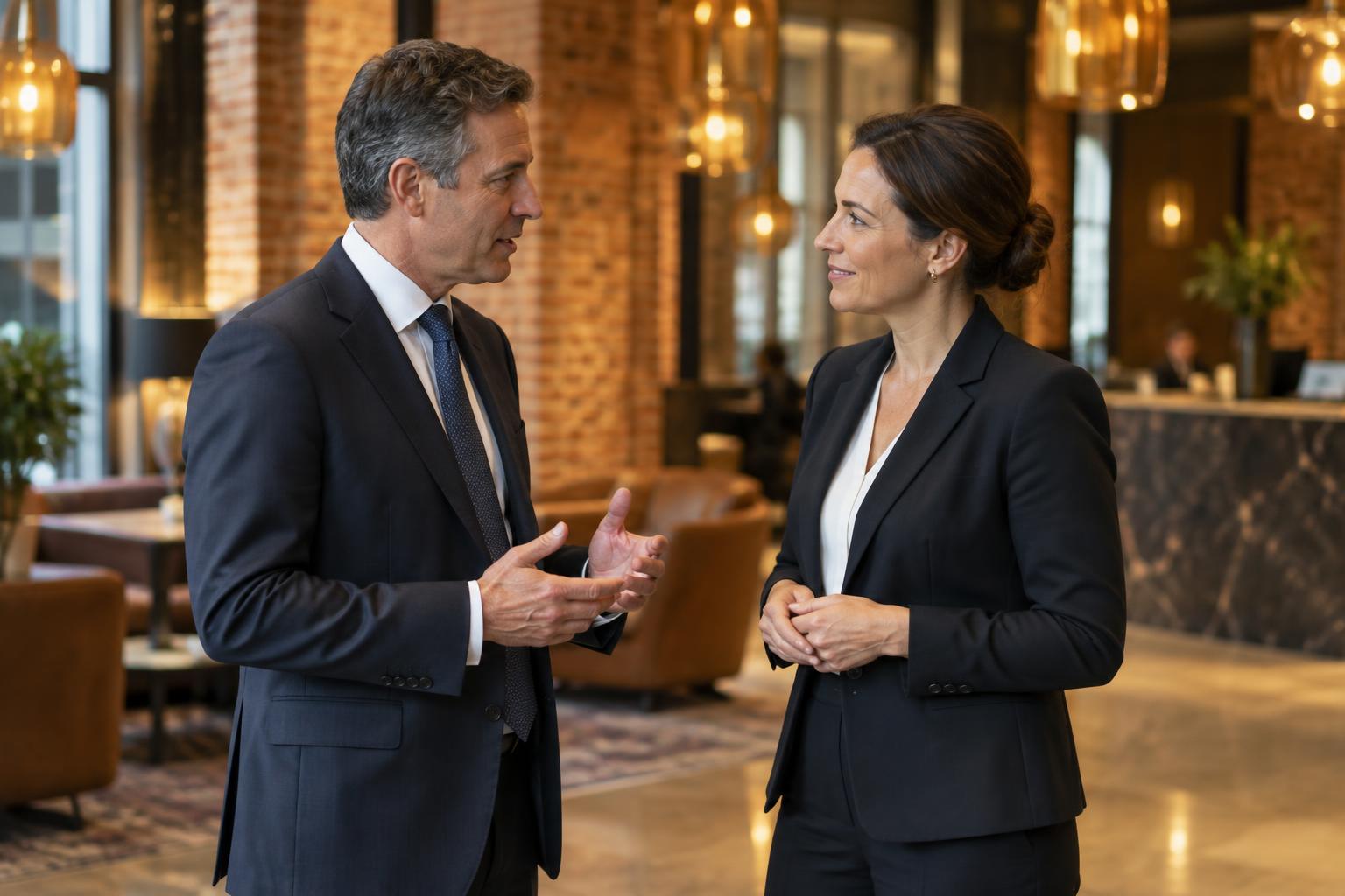 Two executives talking in a building lobby