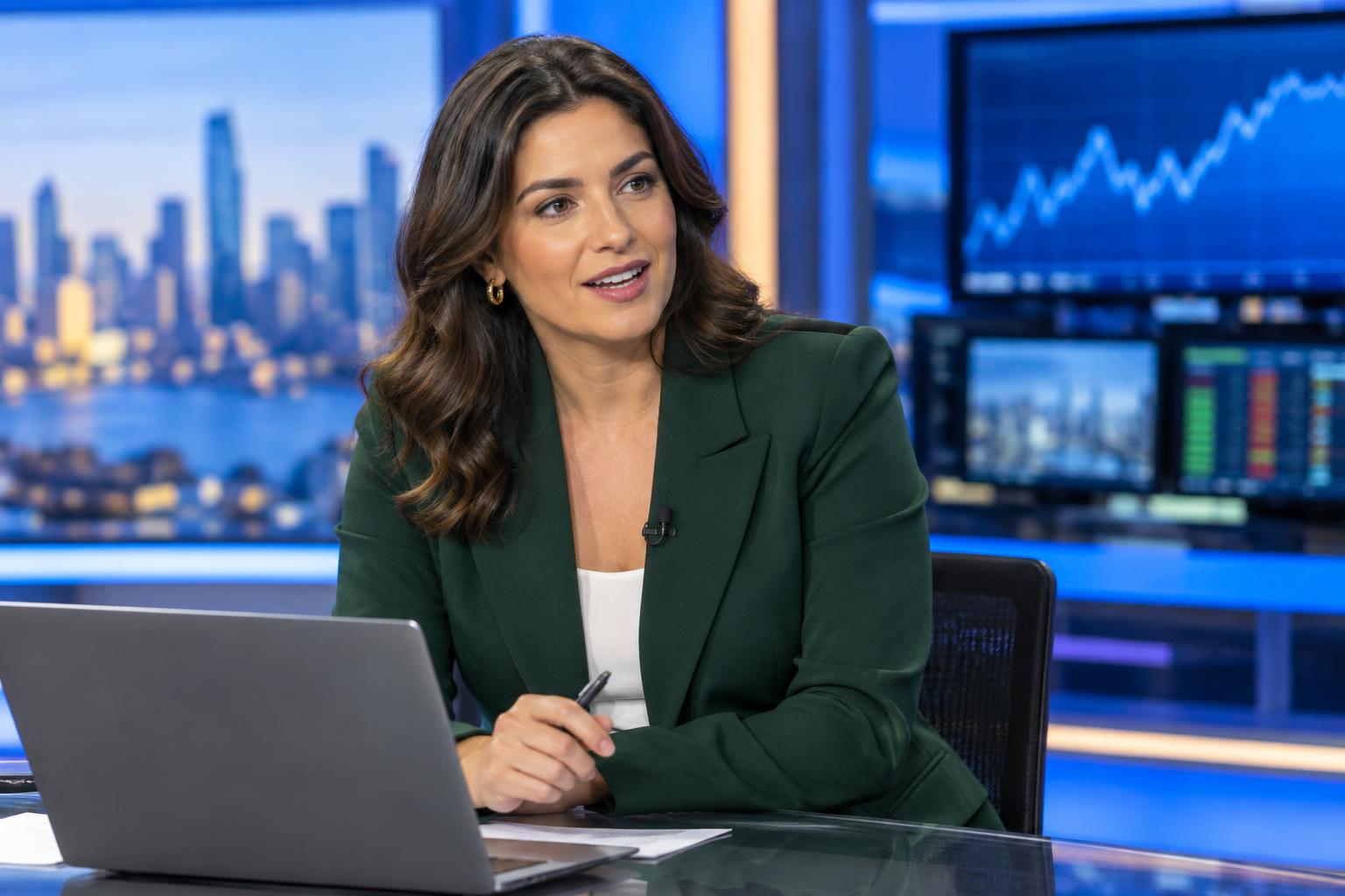 A presenter at a desk in a broadcast studio