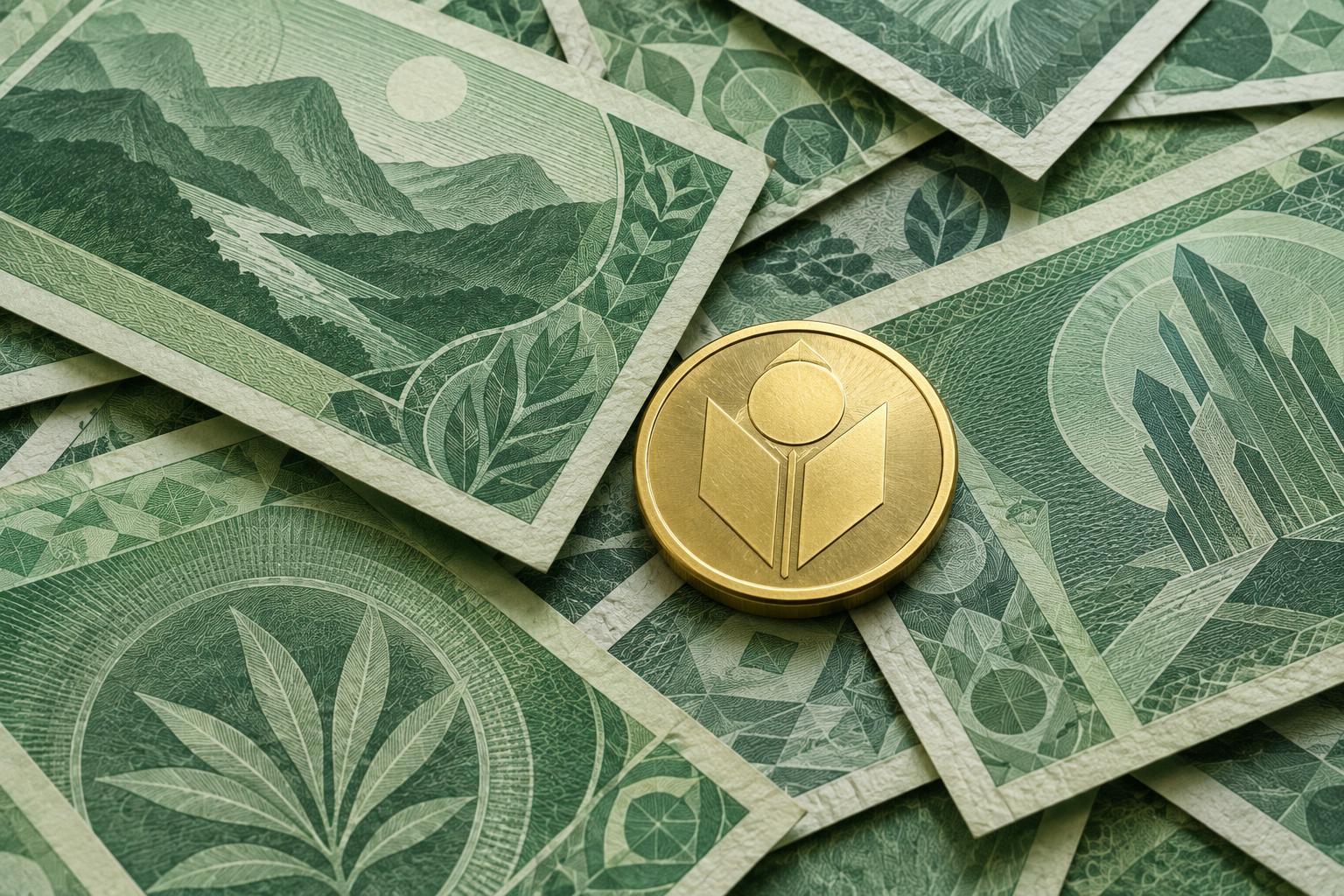 Banknotes with a gold coin resting on top