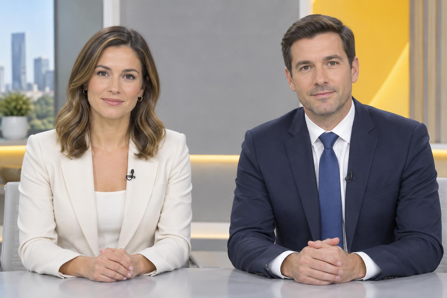 Two presenters in a news studio